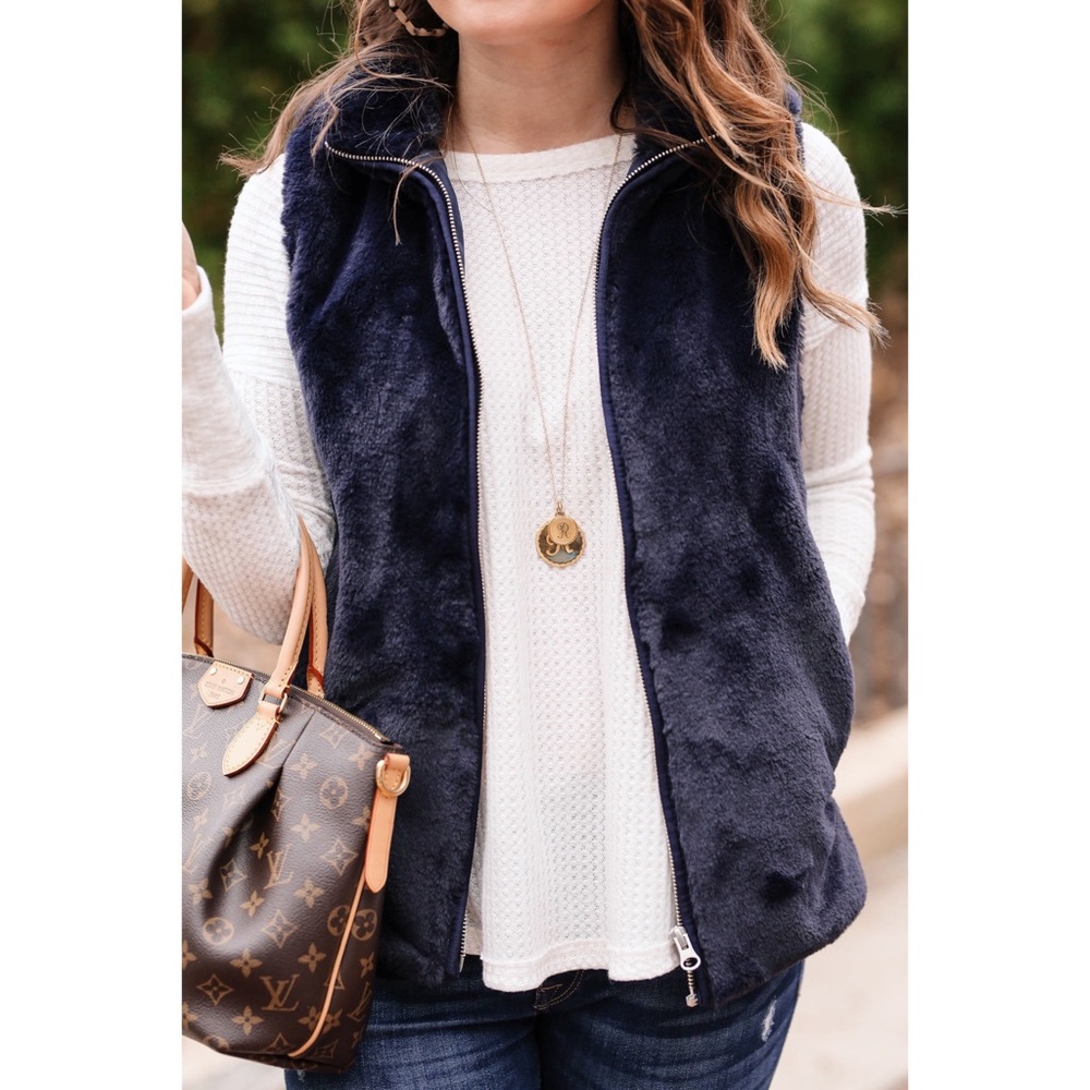 J. Crew Faux Fur Zip Up Vest Navy - Like New